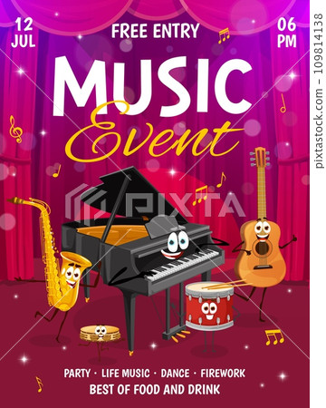 Music party or concert flyer. Cartoon musical instruments characters on stage vector poster. Happy guitar, saxophone, drum, piano and tambourine personages with music notes and treble clef, invitation Music party or concert flyer. Cartoon musical instruments characters on stage vector poster. Happy guitar, saxophone, drum, piano and tambourine personages with music notes and treble clef, invitation 109814138