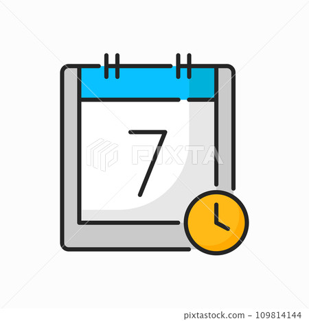 Calendar with clock timer, page with 7 day date outline icon. Vector alarm sign, deadline, time management, reminder notification timer 109814144