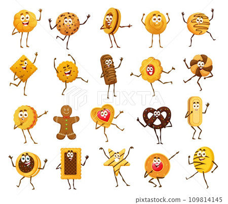 Cartoon cookie, cracker and gingerbread cookie funny characters. Vector christmas traditional sweets cute smiling personages. Pretzel, wafer, bakery with jelly or chocolate filling isolated pastry set 109814145