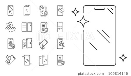 Smartphone glass protection, insurance and mobile phone screen repair service, vector line icons. Smartphone glass protection from water and scratch, protective case and mobile phone unlock pictograms 109814146