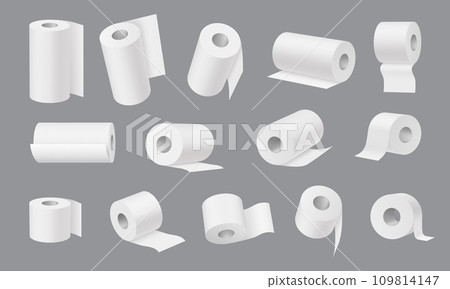 Realistic toilet and towel paper, hygiene icons. Kitchen cleaning towels. Lavatory, bathroom toilet paper rolls or tubes, shop payment receipt spools isolated 3d vector mock up set 109814147