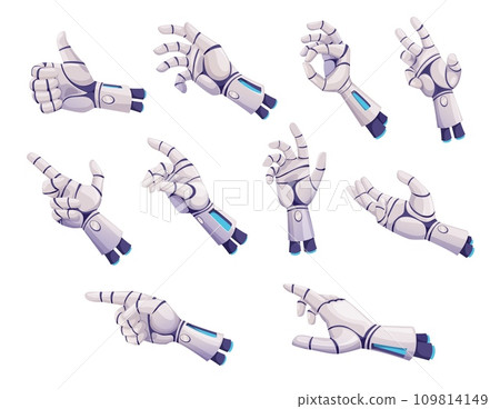 Robot hands or arms. Future artificial technology, cyborg droid mechanical prosthesis. Cartoon vector robotic hands showing thumbs up and OK gesture, pointing, pressing button, holding something Robot hands or arms. Future artificial technology, cyborg droid mechanical prosthesis. Cartoon vector robotic hands showing thumbs up and OK gesture, pointing, pressing button, holding something 109814149