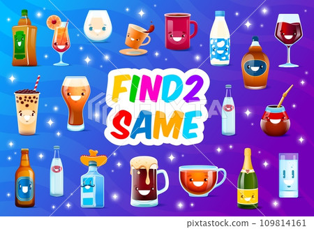 Find two same cartoon drink characters. Vector kids game worksheet with wine glass, rum, mexican tequila and foamy beer tankard. Coffee or tea cup, bubble cocktail, milk, champagne, pulque and water Find two same cartoon drink characters. Vector kids game worksheet with wine glass, rum, mexican tequila and foamy beer tankard. Coffee or tea cup, bubble cocktail, milk, champagne, pulque and water 109814161