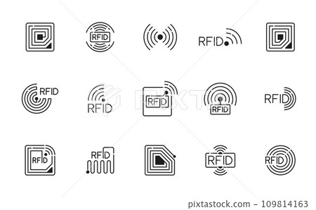 RFID. Radio frequency identification technology icons, wireless payment electromagnetic copper coil monochrome thin line symbols. Identification and tracking RFID system outline pictograms set 109814163