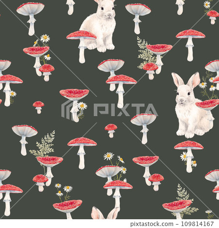 Beautiful seamless pattern with watercolor hand drawn fly agaric mushroom. Stock illustration. 109814167
