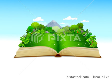 Open nature book with summer meadow or grass lawn, forest and mountain. Ecology education and clean environment background, imagination, storytelling vector concept with nature landscape on book pages 109814176