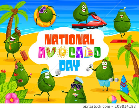 Avocado Day banner with cartoon funny Mexican avocado characters, vector background. Happy avocados on summer beach at sea travel with cocktail, playing volleyball or yoga meditation and sport gym 109814188