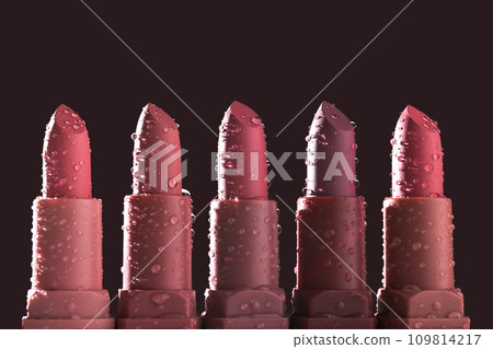 Red lipsticks with water drops on a dark background. Red lipsticks with water drops on a dark background. 109814217