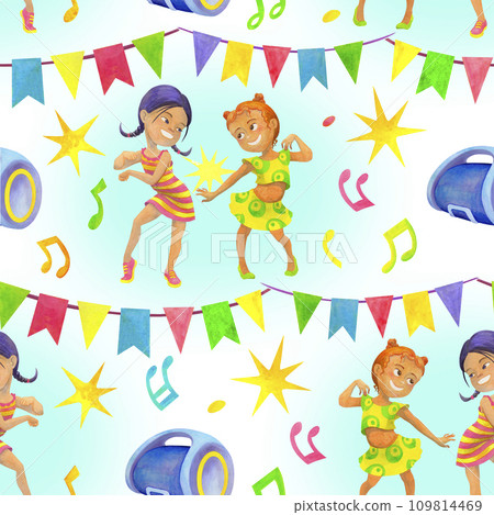 Cartoon seamless pattern with happy girls dancing and having fun in kids party. Celebrating concept. Creative children decor for fabrics, packaging, textiles, wallpaper, clothing. Cartoon seamless pattern with happy girls dancing and having fun in kids party. Celebrating concept. Creative children decor for fabrics, packaging, textiles, wallpaper, clothing. 109814469