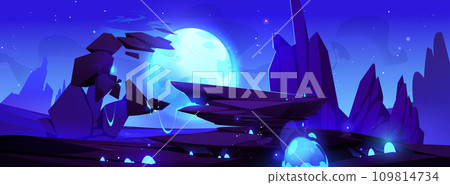 Fantasy alien planet landscape at night 109814734