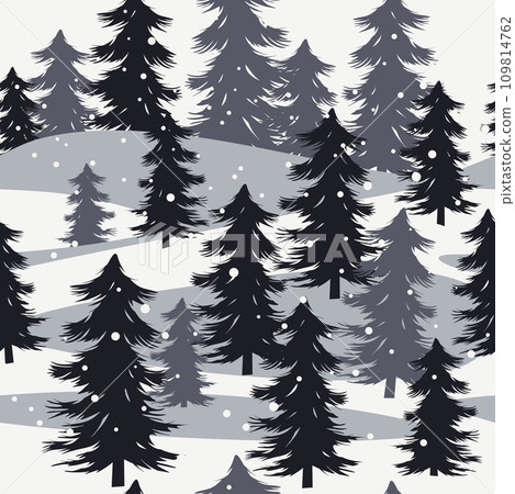 Seamless vector pattern with snowy fir forest. Winter woodland with pine trees. New Year, Christmas, holidays gray texture with fir tree for print. Vector illustration. 109814762