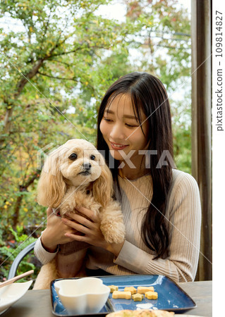 一位女士在狗咖啡館與她的狗互動 一位女士在狗咖啡館與她的狗互動 109814827