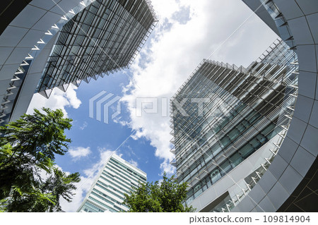 Low-angle view of the Nangang Software Park Area (Phase III) and Chinatrust Commercial Bank (CTBC) Financial Park building in Taipei, Taiwan. Low-angle view of the Nangang Software Park Area (Phase III) and Chinatrust Commercial Bank (CTBC) Financial Park building in Taipei, Taiwan. 109814904