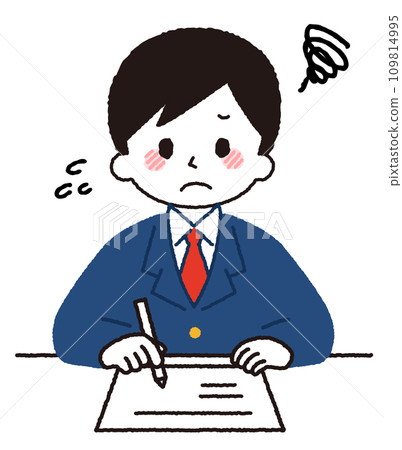 A male student studying. A worried expression. 109814995