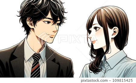 一個穿著西裝的男人和一個女人互相看著對方（AI 生成） 109815425