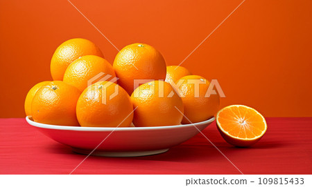 Oranges on white dish. Red background. Generative AI. 109815433