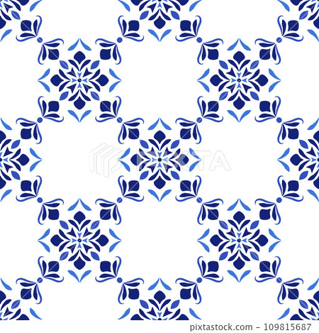 Azulejos portuguese traditional ornamental tile, blue and white seamless pattern 109815687