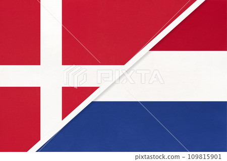 Denmark and Netherlands or Holland, symbol of country. Danish vs Dutch national flags. Denmark and Netherlands or Holland, symbol of country. Danish vs Dutch national flags. 109815901