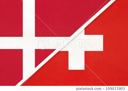 Denmark and Switzerland, symbol of country. Danish vs Swiss national flags. Denmark and Switzerland, symbol of country. Danish vs Swiss national flags. 109815903