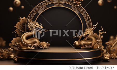3d blank podium decoration with dragon. happy chinese new year concept. Luxury podium for your product. Generative AI. 109816037