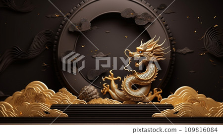 3d blank podium decoration with dragon. happy chinese new year concept. Luxury podium for your product. Generative AI. 3d blank podium decoration with dragon. happy chinese new year concept. Luxury podium for your product. Generative AI. 109816084