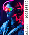 AI-generated content. Fictional portrait of a sci-fi cyberpunk girl. High-tech futuristic woman from the future. The concept of virtual reality and cyberpunk. 3D render. AI-generated content. Fictional portrait of a sci-fi cyberpunk girl. High-tech futuristic woman from the future. The concept of virtual reality and cyberpunk. 3D render. 109816340
