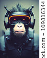 AI-generated content. Realistic portrait of a sci-fi cyberpunk monkey in a cyber suit. High-tech futuristic monkey from the future. The concept of virtual reality and cyberpunk. 3D render. AI-generated content. Realistic portrait of a sci-fi cyberpunk monkey in a cyber suit. High-tech futuristic monkey from the future. The concept of virtual reality and cyberpunk. 3D render. 109816344