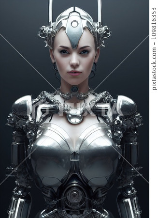 AI-generated content. Portrait of a futuristic female robot. An artistic abstract steampunk fantasy. Concept of a modern robot. 3d rendering 109816353
