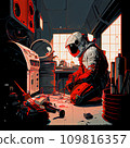 AI-generated content. An astronaut in his workshop repairing a spaceship. A high-tech astronaut from the future. The concept of space travel. Generative AI AI-generated content. An astronaut in his workshop repairing a spaceship. A high-tech astronaut from the future. The concept of space travel. Generative AI 109816357