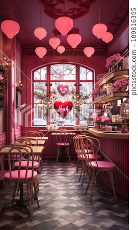 AI-generated content. Interior design of a coffee shop decorated for valentines day. 109816395