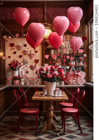 AI-generated content. Interior design of a coffee shop decorated for valentines day. AI-generated content. Interior design of a coffee shop decorated for valentines day. 109816401