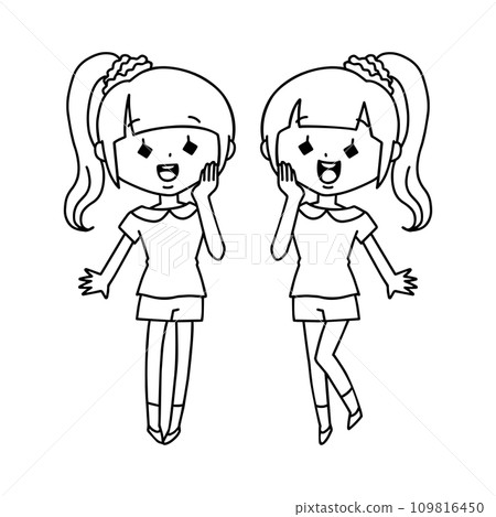 Girl coordinating twins/toothache pose/line drawing 109816450