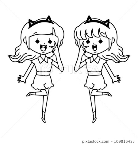 Cat ears/twins coordinating girl/line drawing Cat ears/twins coordinating girl/line drawing 109816453