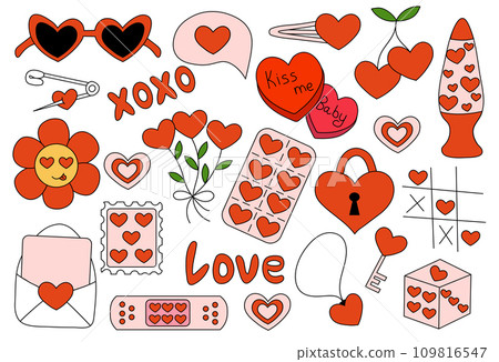 Valentine Day elements. Candy Heart, Envelope, Cherry, Retro Lamp, Patch, Flowers, Hairpin, Dice, Tic-tac-toe game. Vector flat illustration. Icons, stickers in Y2K style. 109816547