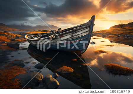 A driverless rowboat floats on the water amidst beautiful nature. The sun set behind the horizon and a golden light shone throughout the area. Makes you immerse yourself in the beauty of nature. A driverless rowboat floats on the water amidst beautiful nature. The sun set behind the horizon and a golden light shone throughout the area. Makes you immerse yourself in the beauty of nature. 109816749