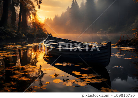 A driverless rowboat floats on the water amidst beautiful nature. The sun set behind the horizon and a golden light shone throughout the area. Makes you immerse yourself in the beauty of nature. A driverless rowboat floats on the water amidst beautiful nature. The sun set behind the horizon and a golden light shone throughout the area. Makes you immerse yourself in the beauty of nature. 109816750
