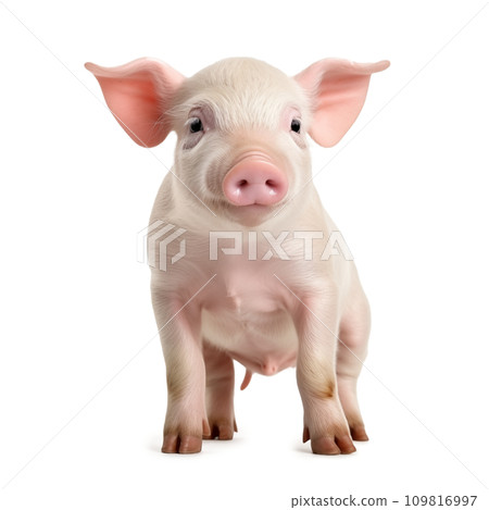 AI-generated content. Happy young pig isolated on white background. Funny animals emotions 109816997