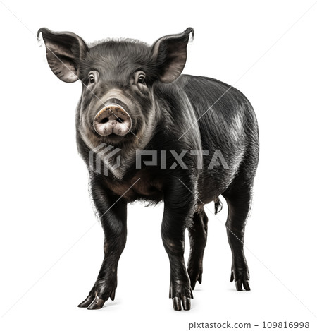 AI-generated content. Happy young pig isolated on white background. Funny animals emotions 109816998