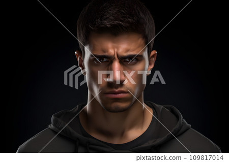 AI-generated content. Sulking young adult Latin American man, head and shoulders portrait on black background. Neural network generated photorealistic image. AI-generated content. Sulking young adult Latin American man, head and shoulders portrait on black background. Neural network generated photorealistic image. 109817014