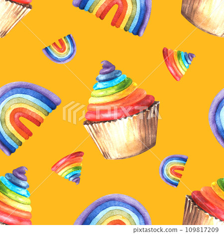 Rainbow cupcakes with multicoloured cream, icing, seamless pattern. Hand drawn watercolor illustration, template for any concept, packaging, textiles, LGBT, party, birthday Isolated orange background  109817209