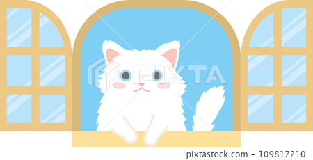 一隻貓望著窗外的插畫_貓伸出手向窗外偷看_長毛白貓 一隻貓望著窗外的插畫_貓伸出手向窗外偷看_長毛白貓 109817210