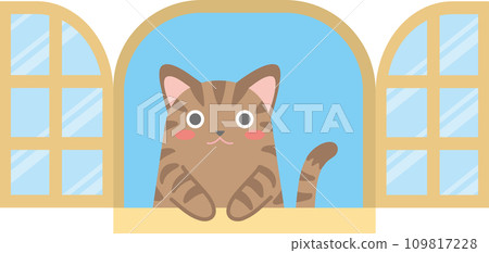 Illustration of a cat looking out the window_Cat sticking out its hand and peeking out of the window_Pheasant cat 109817228