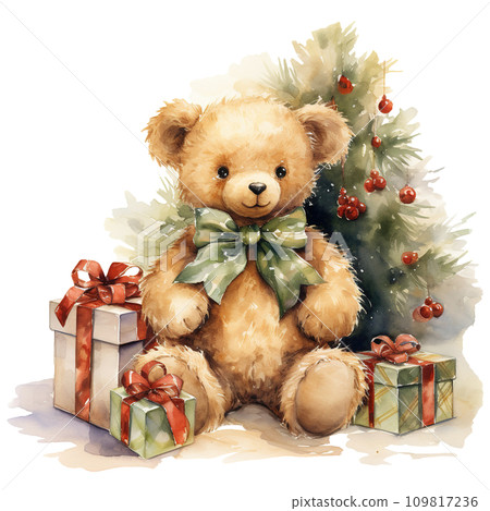 teddy bear with a bow and a gift box. AI generated teddy bear with a bow and a gift box. AI generated 109817236