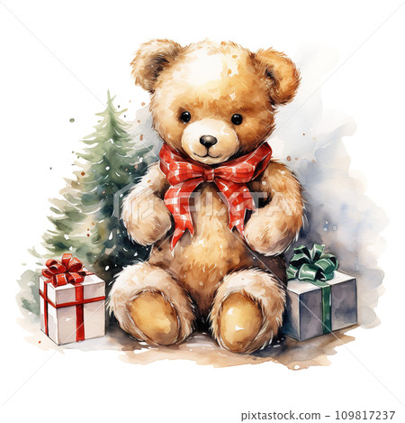 teddy bear with a bow and a gift box. AI generated 109817237