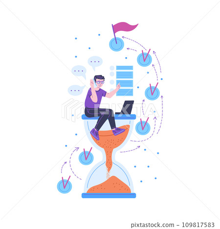 Tiny man sitting on hourglass, talking on the phone, working on laptop and complete tasks. Tiny man sitting on hourglass, talking on the phone, working on laptop and complete tasks. 109817583