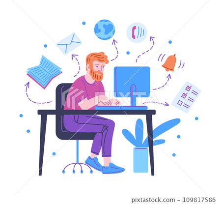 Busy multitasking man working at the desk home, cartoon vector on white 109817586