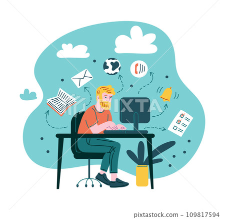 Man working at computer and doing many different tasks. 109817594