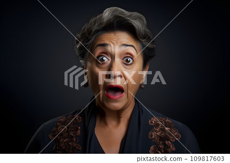 AI-generated content. Surprised gray-haired Latin American woman on black background. Neural network generated photorealistic image. 109817603