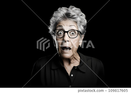 AI-generated content. Surprised gray-haired Latin American woman on black background. Neural network generated photorealistic image. 109817605