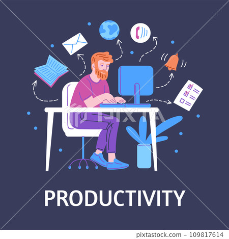 Manager or businessman looking at computer, writing notes, doing tasks, vector productivity efficiency workflow poster Manager or businessman looking at computer, writing notes, doing tasks, vector productivity efficiency workflow poster 109817614